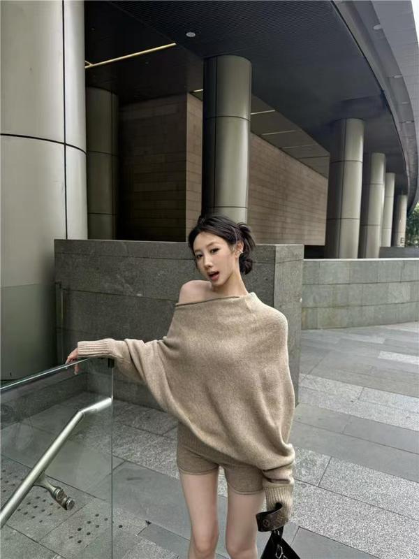 慵懒风针织套装女秋冬季小个子气质穿搭一整套斜肩毛衣短裤两件套|undefined