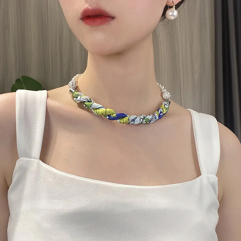 夏季新款磁扣珍珠项链丝巾女百变多功能时尚百搭颈部吊坠装饰领巾|undefined