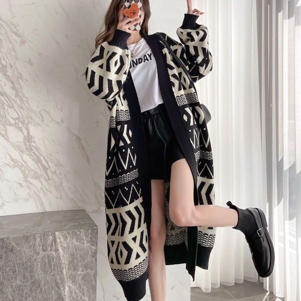 Cardigan tricoté de style coréen pour femmes, pull au dessus du genou, ample, slim, géométrique, style paresseux, manteau long, nouvelle collection_voghion.com