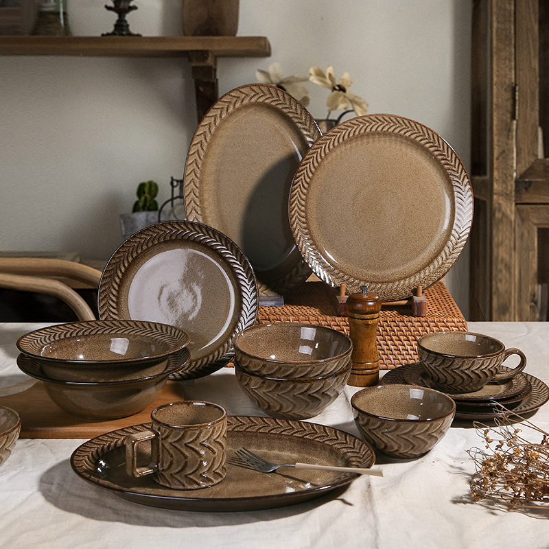 Stone Pottery Kiln Transformed into Creative Retro Classy Tableware French Accessible Luxury Household Relief Customizable Ceramic Dish Set