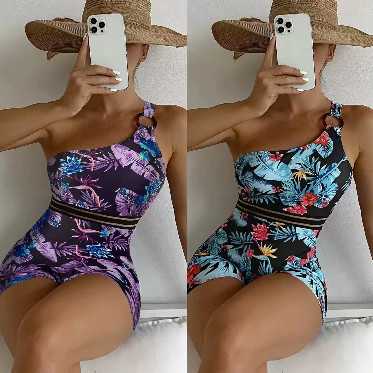 2023欧美外贸连体新款泳衣女单肩保守数码印花齐腿亚马逊泳装批发