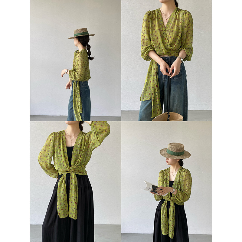 Jiangzuo【Zhiqing】High-End Design Floral Lace-Up Slim-Fit Cardigan Shirt Jacket for Women Summer 1910 Jiangzuo【Zhiqing】High-End Design Floral Lace-Up Slim-Fit Cardigan Shirt Jacket for Women Summer 1910