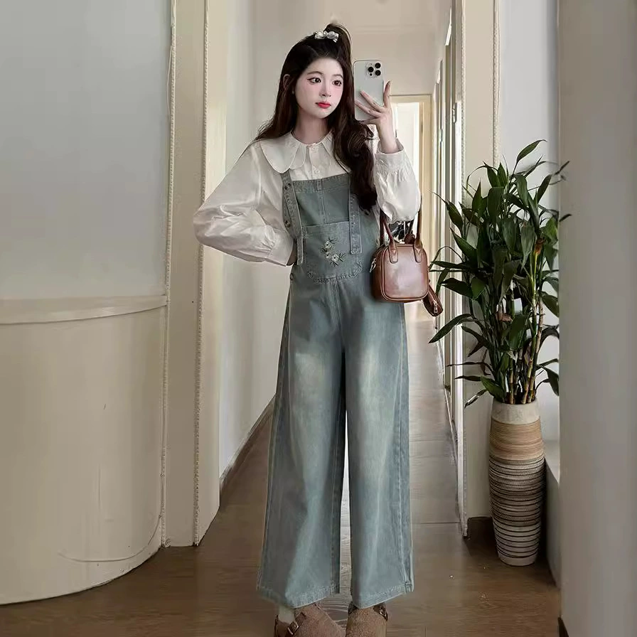 Джинсовый комбинезон для беременных, модный осенний новый стиль, корейская версия, с эффектом омоложения, с воротником-стойкой, свободные повседневные брюки с широкими штанинами