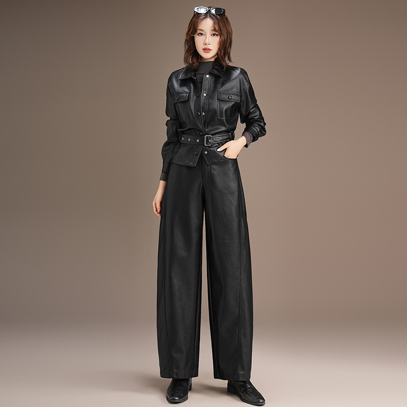 2026 Spring/Summer New Haining Leather Pants for Women High Waist Slim Fit Banana Pants Pu Leather Plus Size Harem Pants
