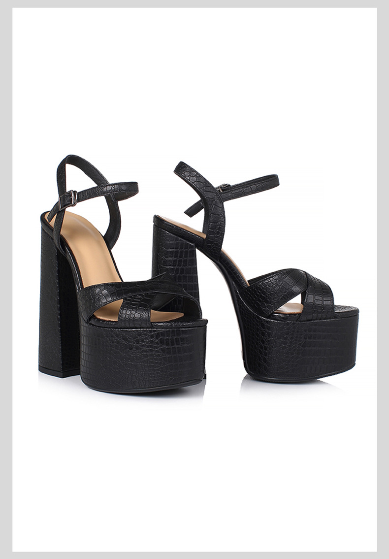 Sandal cao gót nữ mũi hở đế platform chunky da thật gót dày — Màu đen mờ chi tiết 9