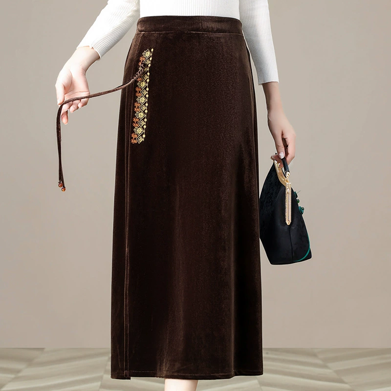 Новый китайский стиль ретро с открытой вилкой юбка среднего возраста мама темперамент вышитая золотая бархатная юбка с высокой талией