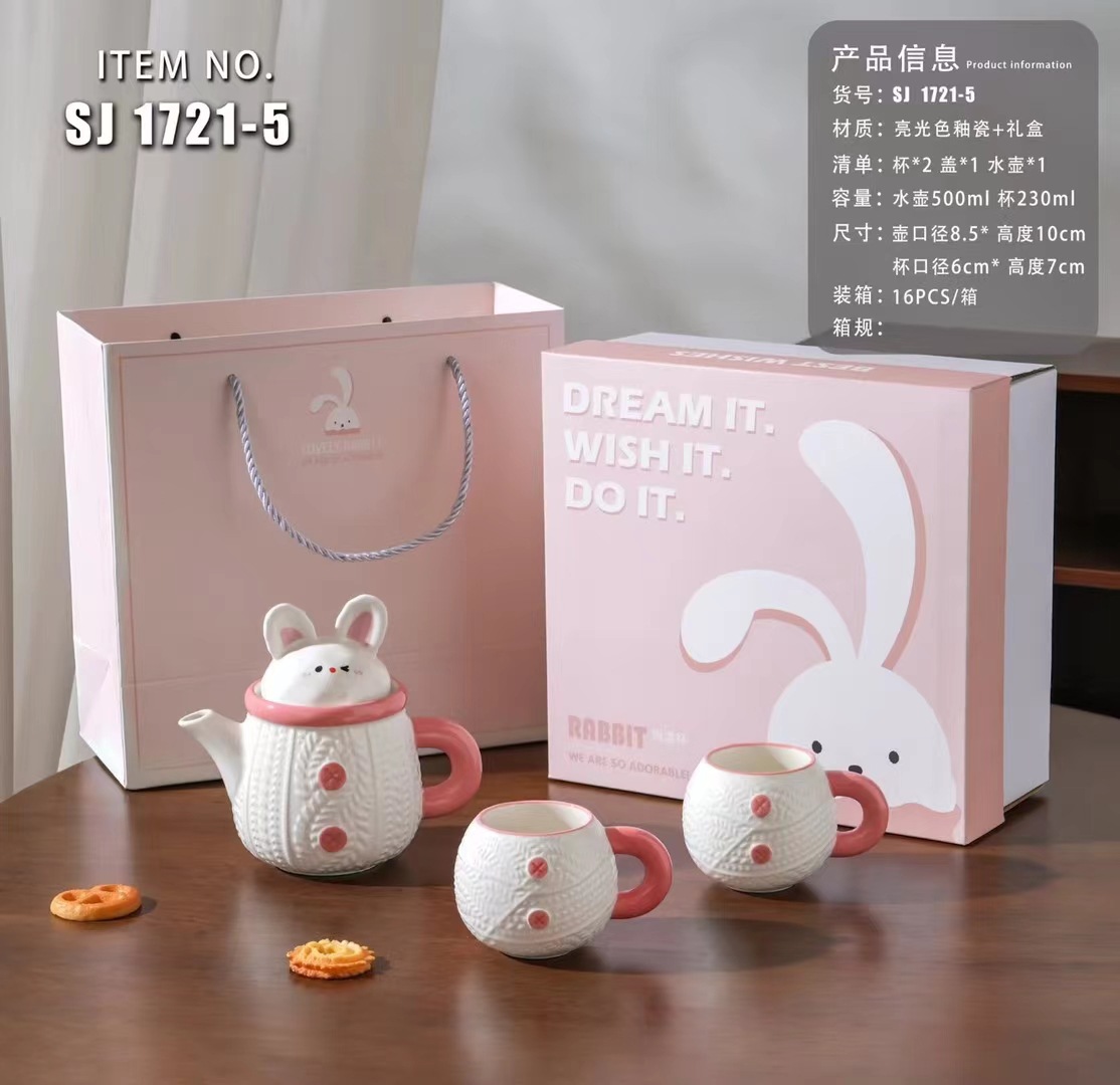Creativo y lindo conejo hervidor de cerámica taza de agua doméstica de alto valor de cara con regalo de mano para niñas con un conjunto de tazas de agua