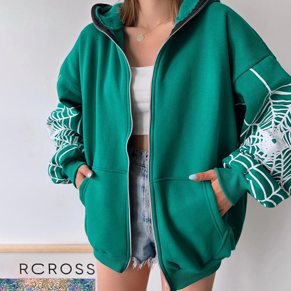 Cardigan con cappuccio con cerniera alla moda con stampa ragnatela autunno/inverno 2024 Nuovo INS_voghion.com