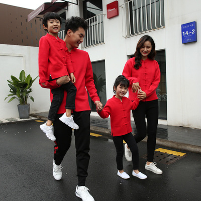 壹家三四口親子裝全家裝中國風童裝羊絨針織衫兒童毛衣唐裝紅色