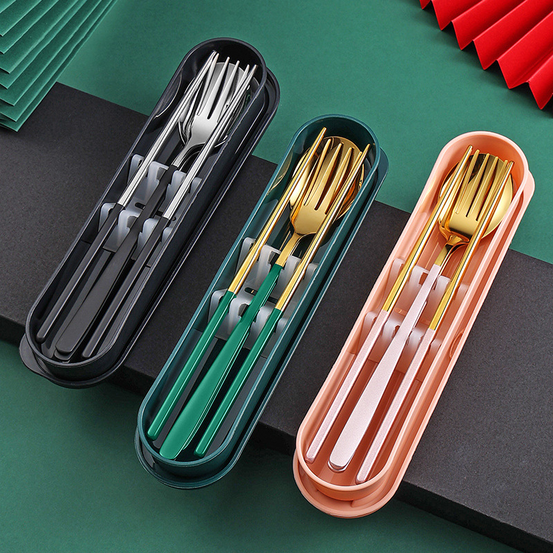 304 de acero inoxidable vajilla estilo coreano palillos conjunto de tres piezas traje portátil estudiante comedor al aire libre logotipo impreso