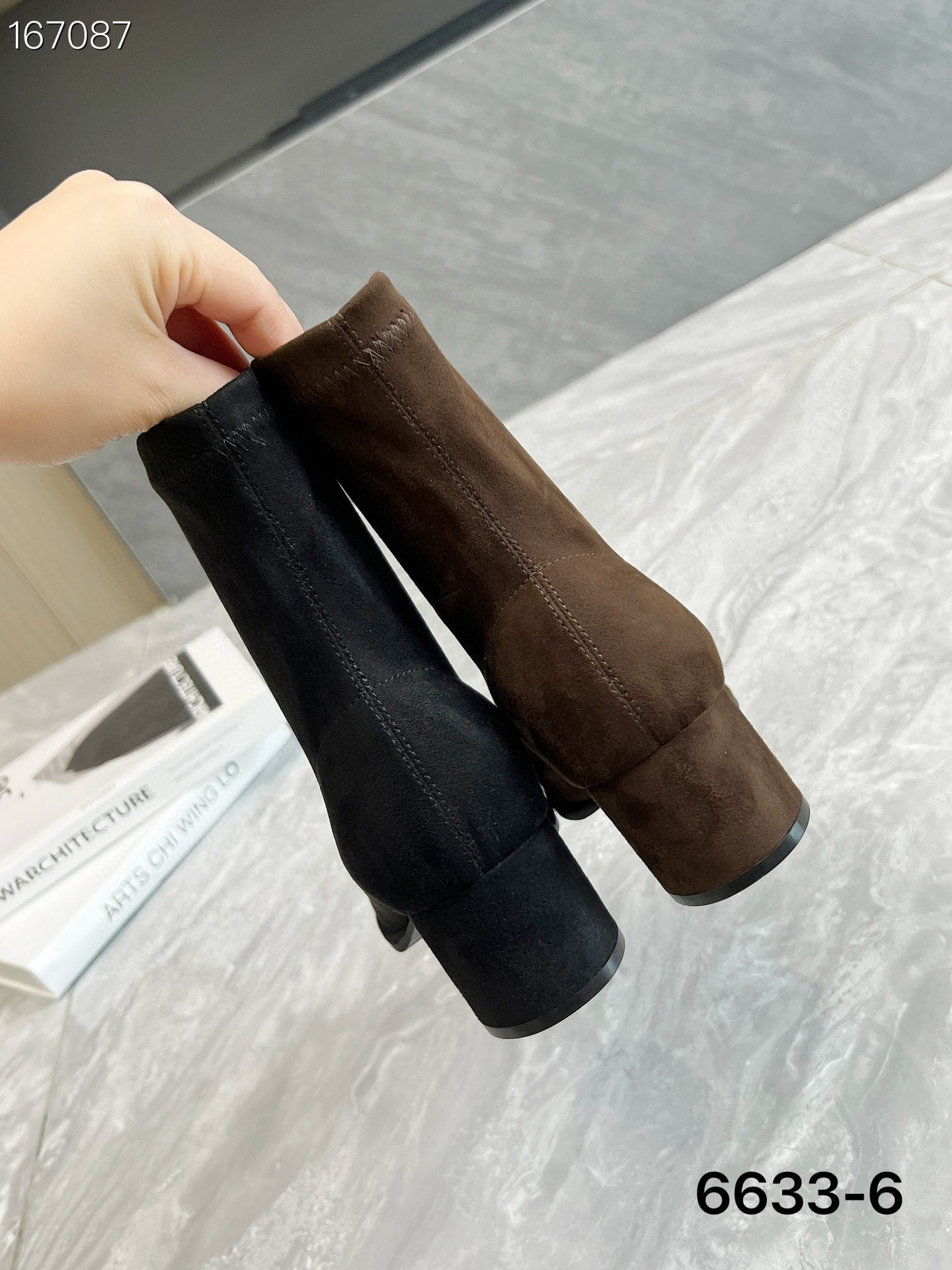 Boot cổ thấp nữ mũi nhọn gót thô cao 6 cm đế xuồng co giãn ôm chân — Màu nâu, Màu đen chi tiết 9