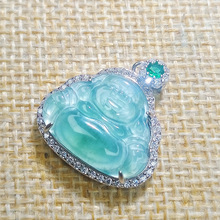 直播爆款热卖天然A货翡翠批发925银镶嵌冰蓝水大笑佛公女吊坠挂件