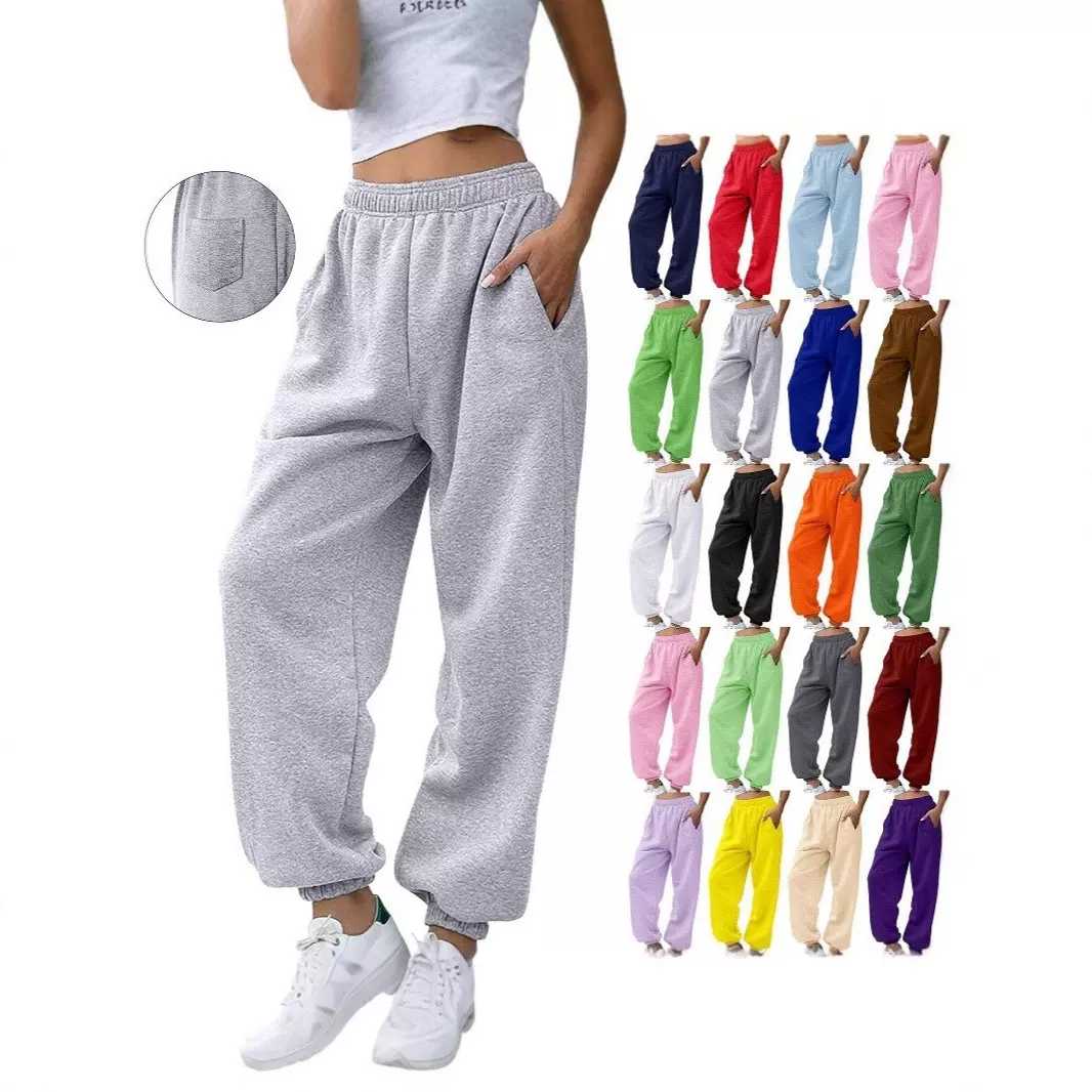 欧美跨境女装亚马逊宽松休闲女运动裤卫裤束脚裤家居裤口袋长裤