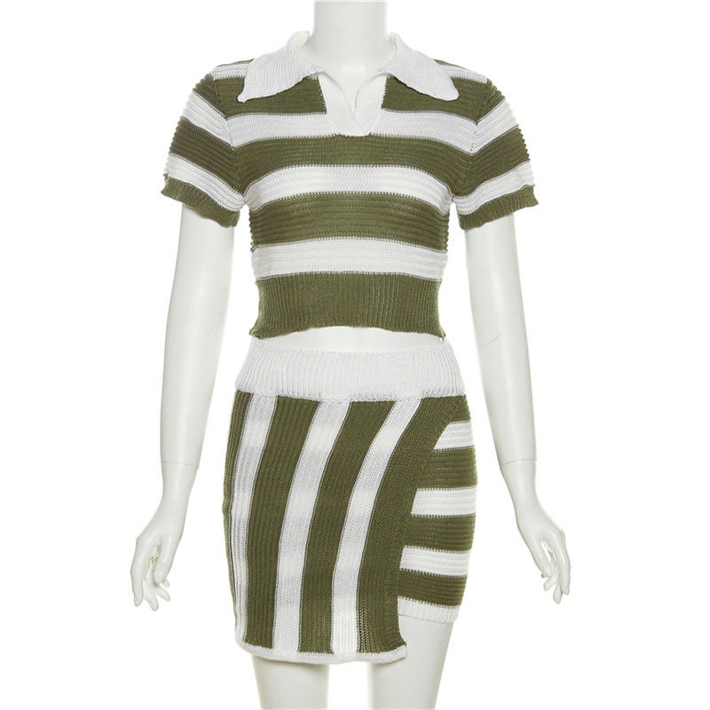 Women Clothing Autumn Polo Collar Short Sleeve Striped Color Matching Knitted Short Slim Hip Skirt Set