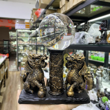麒麟树脂工艺品水晶球座球托 双麒麟办公桌面摆件饰品 家居酒柜