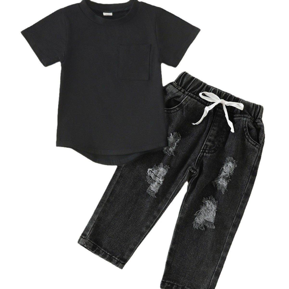 Cross-border foreign trade spring and autumn children's baby solid color round neck short sleeve T-shirt with holes Denim trousers suit