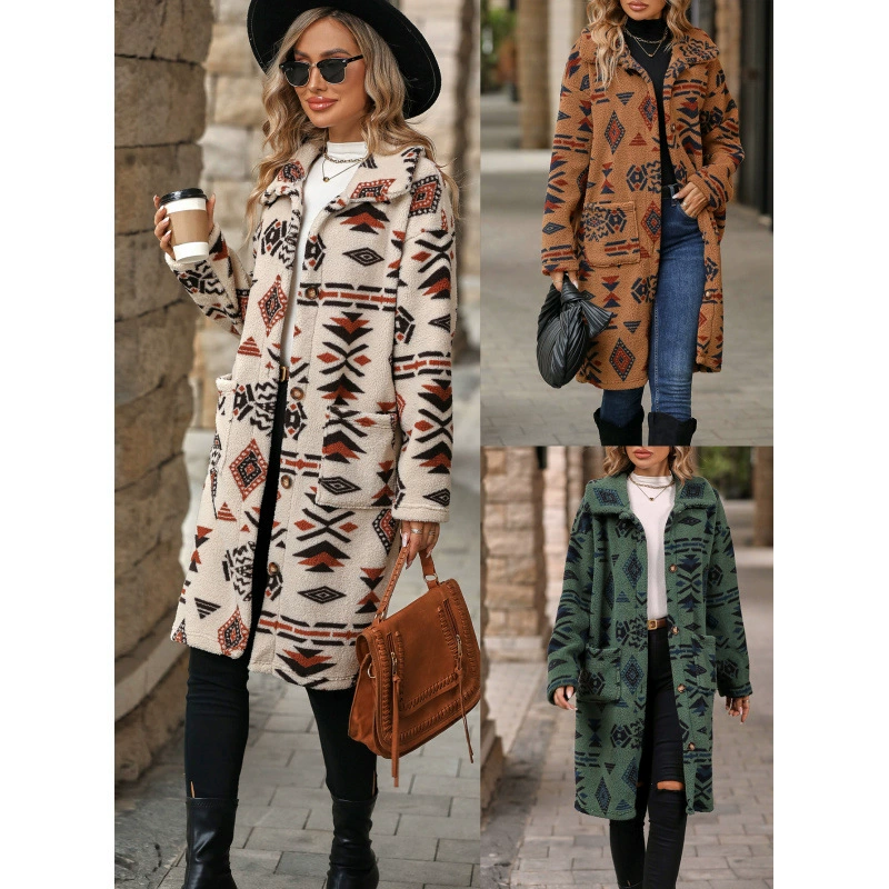 Вспышка 2024 трансграничная осень-зима новый европейский и американский женский однобортный национальный стиль принт плюшевый длинный пальто