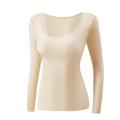 DeRong Seamless Thermal Underwear Top Thin Hair Belt Breast Pad Winter Low Collar Bottoming Shirt Women's Autumn Tight Clothes