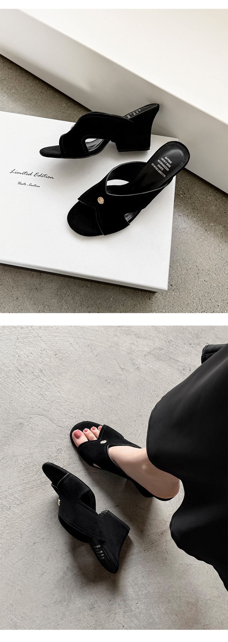 Sandal cao gót nữ hở mũi họa tiết da báo, chất liệu da lộn mịn, gót thô 9 cm — màu nâu, Trang chủ, màu đen chi tiết 16