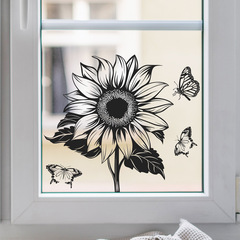 外貿黑白向日葵蝴蝶臥室客廳玄關玻璃家居裝飾牆貼貼紙自粘批發