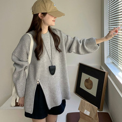 跨境新款圆领半拉链开叉套头毛衣女秋冬宽松百搭软糯针织衫上衣厚