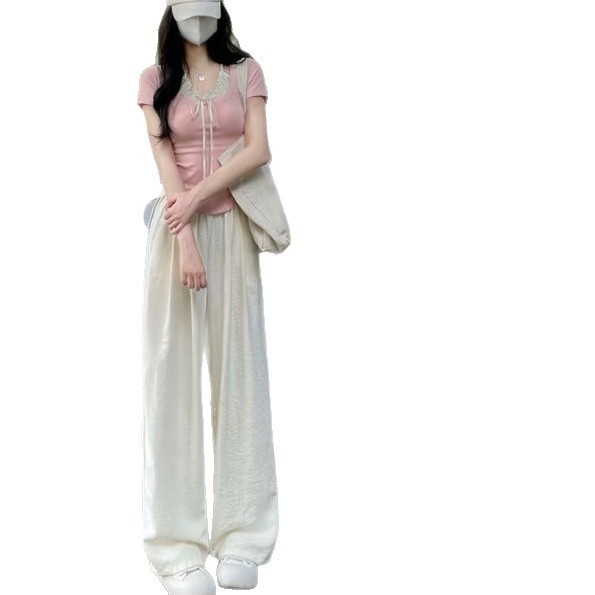 小柄な女性向けの夏用薄手スタイル、ゆったりとした夏用ミルクカジュアルロングパンツ、アウターパンツ、女性用ワイドレッグパンツ、クロスボーダー限定|undefined