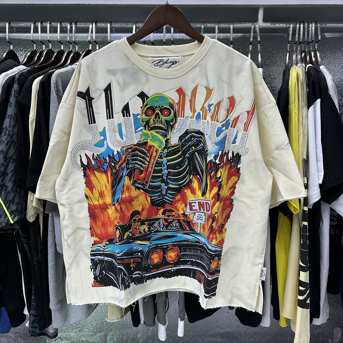 Transfronterizo nueva venta en caliente BKS camiseta de manga corta extraña esqueleto retro lavado de agua caliente perforación en caliente para hombres y mujeres de moda en stock lotes