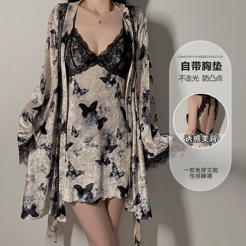 Guiruo Brand Underwear Sweet Butterfly Jacquard Deep V Plus Chest Pad Women's Sling Nightgown Velvet suit 4998 Guiruo Brand Underwear Sweet Butterfly Jacquard Deep V Plus Chest Pad Women's Sling Nightgown Velvet suit 4998
