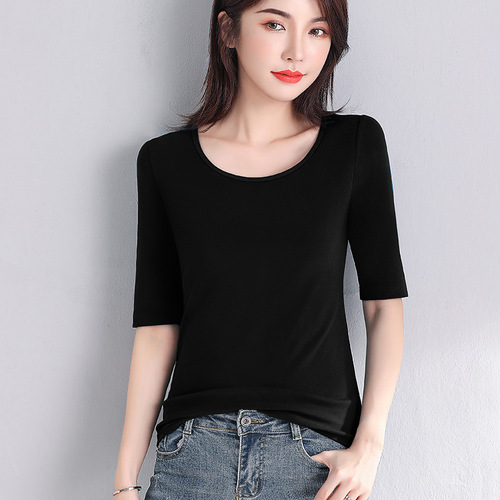 Black round neck short-sleeve t-shirt for women, five-finger sleeve, new summer model, slimming top, seven-finger base shirt top
