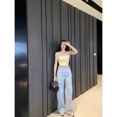 2025春韩版别致字母印花纹设计感直筒牛仔裤女高腰气质阔腿拖地裤