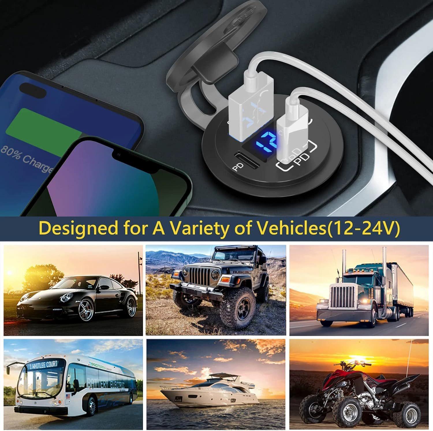 Новый продукт автомобильное зарядное устройство для телефона 2PD+QC3.0 модифицированное автомобильное зарядное ремень напряжение дисплей переключатель