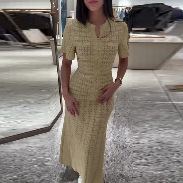 2026 New European and American Amazon Cross-Border Foreign Trade Women's Fashion Short-Sleeve Slim Elegant Hollow-Out Dress