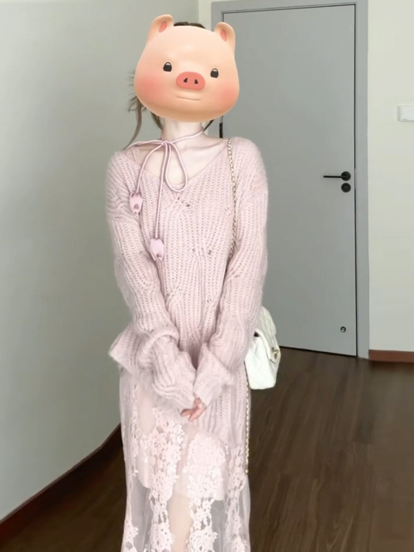 温柔风粉色慵懒软糯露肩针织开衫蕾丝半身裙女秋装设计感两件套装|undefined