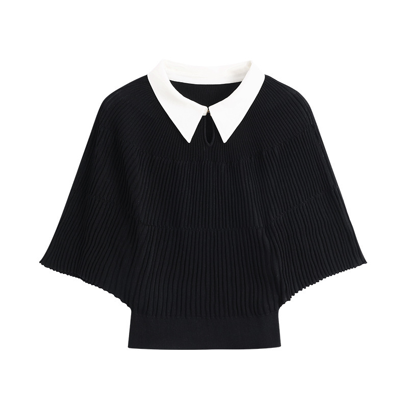 2026 Summer New Style Polo Short-Sleeve Color-Block Knit Top for Women, Petite Size, Stylish and Youthful, Slimming Effect