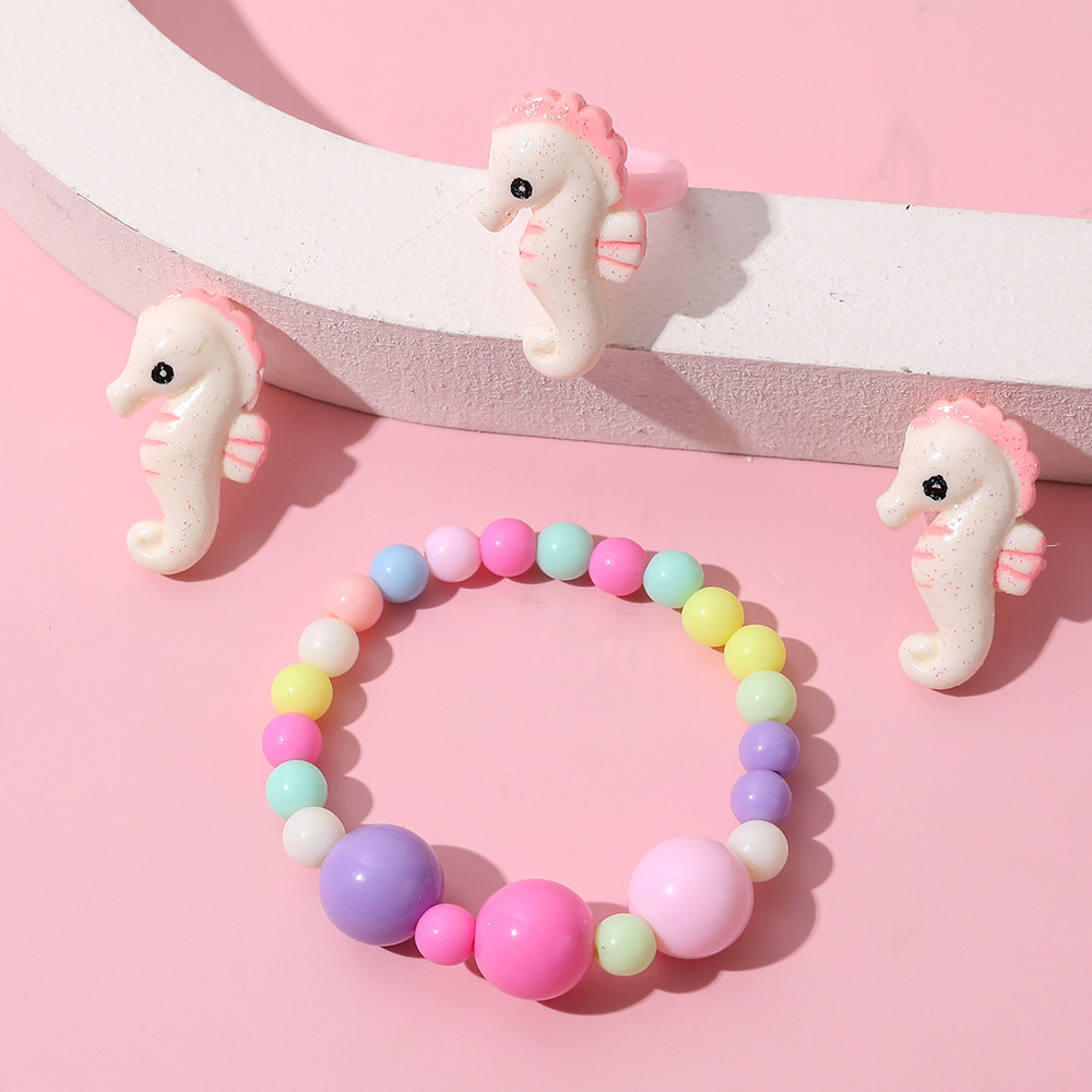 Dwarf Seahorse Acrylic Handmade Beaded Earring Ring Bracelet Three-Piece set