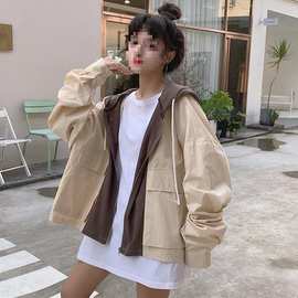 秋季2025新款原宿风假两件撞色拼接百搭宽松棒球服连帽工装外套女