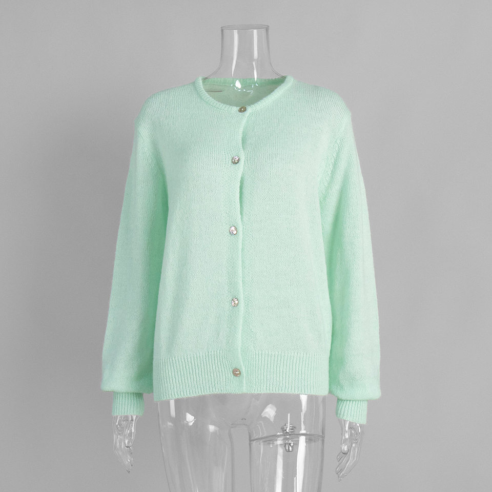 Áo cardigan len dệt kim dáng mỏng nhẹ cài nút một hàng, tay dài cổ tròn nữ — hoa hồng đỏ, màu be, màu cam, màu hoa cà chi tiết 133