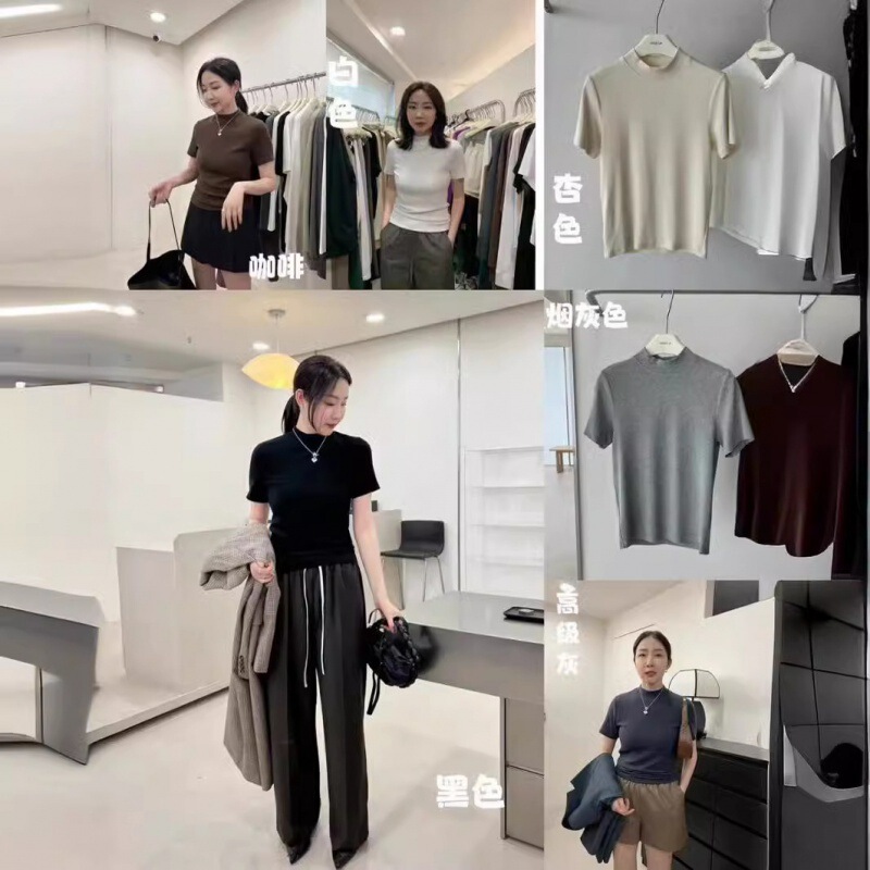 2024 spring and summer Boss Lady small stand collar short-sleeved bottoming shirt T-shirt Women's inner wear loose all-match seven-color cotton vest