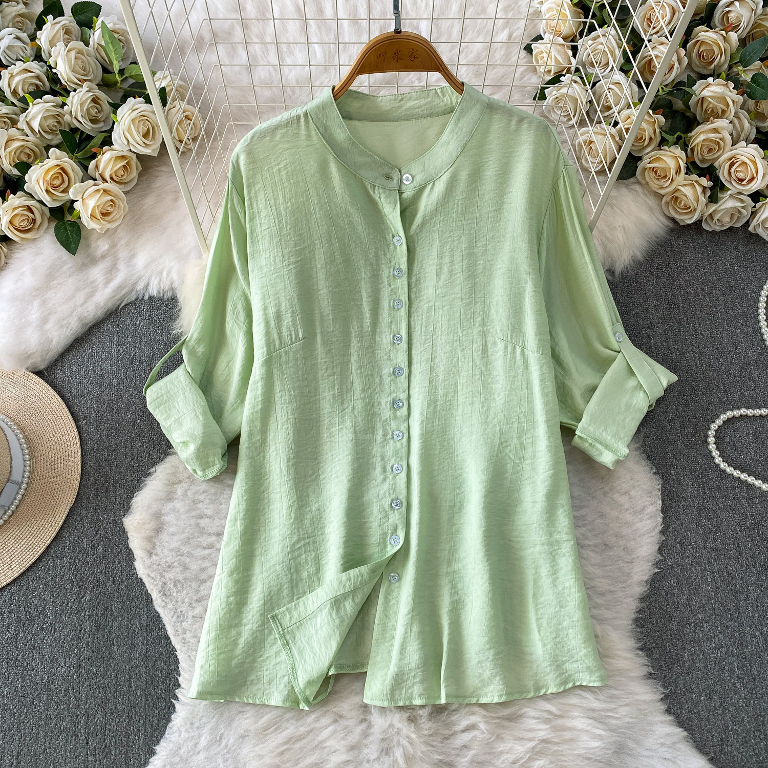 Mambo Mint Green Women's Clothing Set Refreshing Skin Friendly Breathable Loose Fitting Long Sleeved Shirt Jacket with High Waisted Wide Leg Pants_ecoleips.com