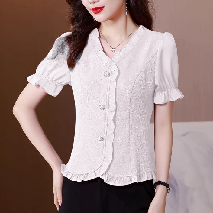 新中国式vネックのシフォンのシャツの女性2025夏の新型のデザイン感の木の耳元は半袖の小さいシャツを合わせます。|undefined