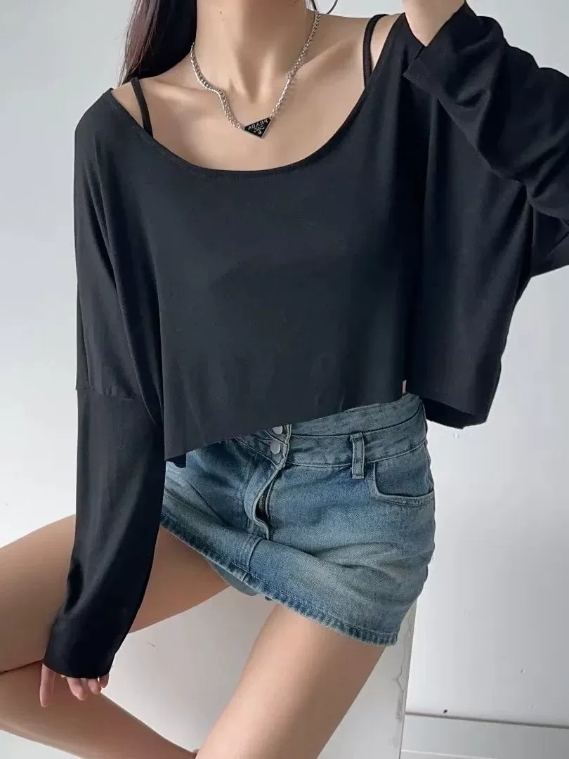 Короткие базовые длинные рукава, европейский стиль, slim fit, свободный крой, квадратный вырез, облегающий
