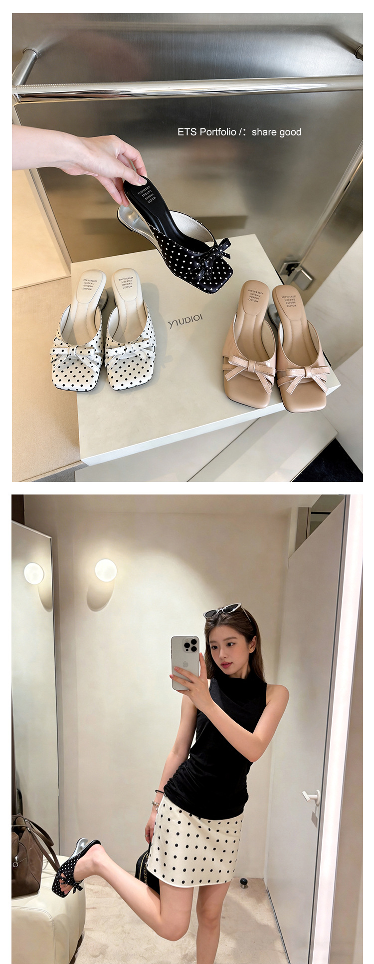 Sandal cao gót nữ mũi vuông hở ngón, đế xuồng chấm bi nơ bướm, gót 6 cm — màu đen, màu trắng ngà, màu mơ chi tiết 18