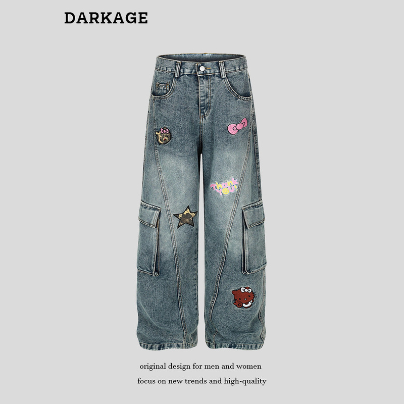 Cute Hello Kitty Embroidered Cargo Jeans for Women 2025 Loose Straight Retro Washed Multi-Pocket Wide Leg Pants