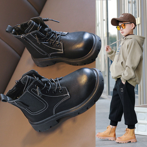 Boys' boots autumn and winter new style girls' soft-soled Martin boots for middle-aged and older children's student short boots baby plus velvet warm leather boots