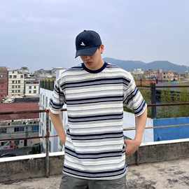 潮牌美式黑白条纹短袖t恤夏季新款大码宽松男女青少年