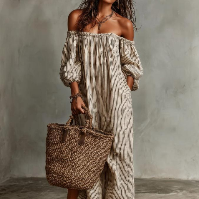 Cross-Border Foreign Trade New Model Amazon Wish Off-Shoulder Lantern Sleeve Loose Plus-Size Cotton Linen One-Shoulder Striped Dress Cross-Border Foreign Trade New Model Amazon Wish Off-Shoulder Lantern Sleeve Loose Plus-Size Cotton Linen One-Shoulder Striped Dress