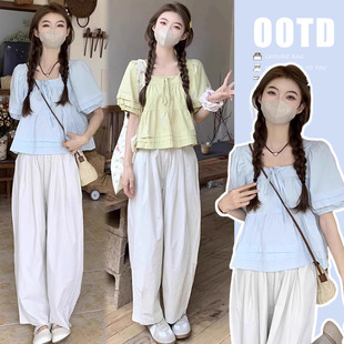 Breastfeeding suit Summer Hot Mom Style Square Collar Shirt Fresh Breastfeeding Top Wide Leg Pants Postpartum Breastfeeding Clothes
