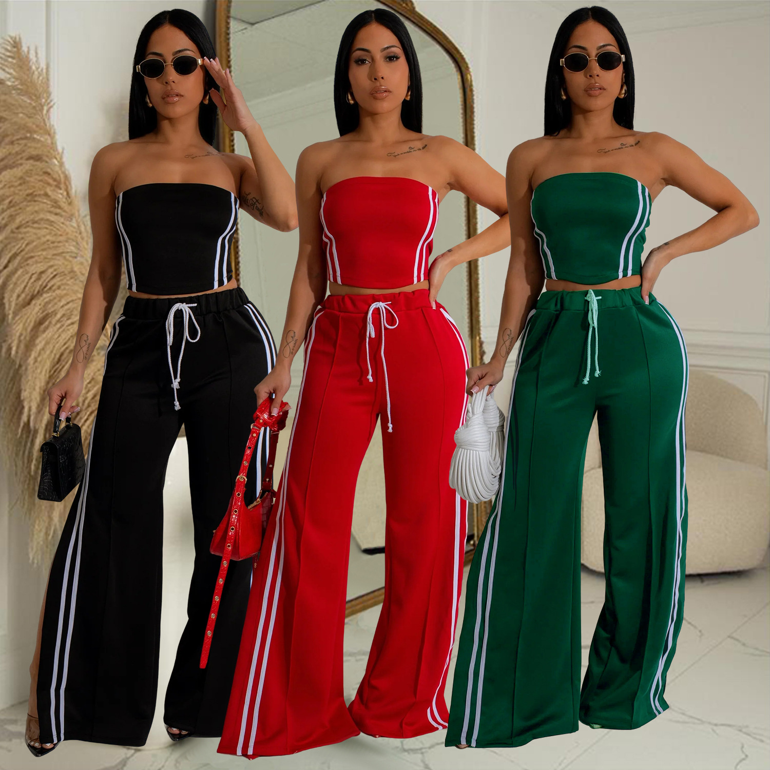 C7056 conjunto de ropa de mujer de verano de estilo europeo y americano, chaqueta de pecho sexy con pantalones rectos verticales, moda de comercio exterior