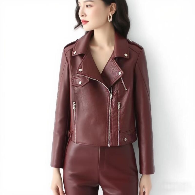 Factory Cross-border European Code New Spring and Autumn Women's Leather Jacket Slim-fit Thin Leather Jacket Women's Biker