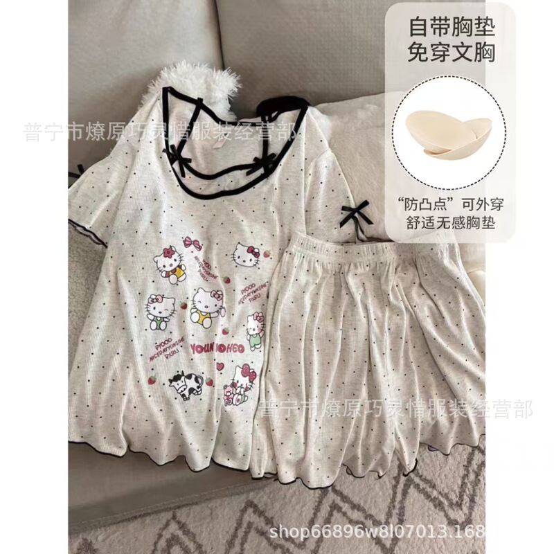Summer Women's Pajamas Two-Piece Short-Sleeve Shorts with Chest Pads Ice Silk Ribbed Hello Kitty Cat Loungewear Set Summer Women's Pajamas Two-Piece Short-Sleeve Shorts with Chest Pads Ice Silk Ribbed Hello Kitty Cat Loungewear Set